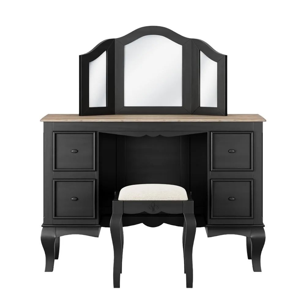 Product photograph of Clearance - Fleur French Style Black 4 Drawer Kneehole Dressing Table - Made In Solid Mango Wood from Choice Furniture Superstore.