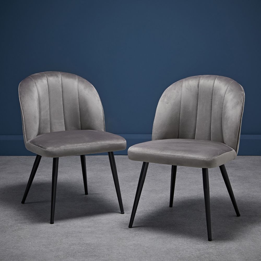 Product photograph of Orla Grey Velvet Fabric Dining Chair With Black Legs Sold In Pairs from Choice Furniture Superstore.