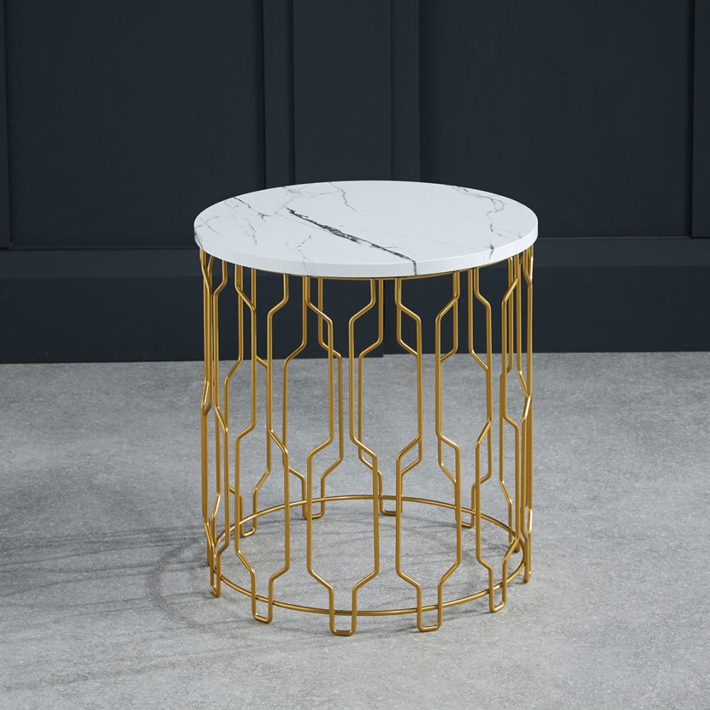Product photograph of Grace Round End Table With Geometrical Base from Choice Furniture Superstore.