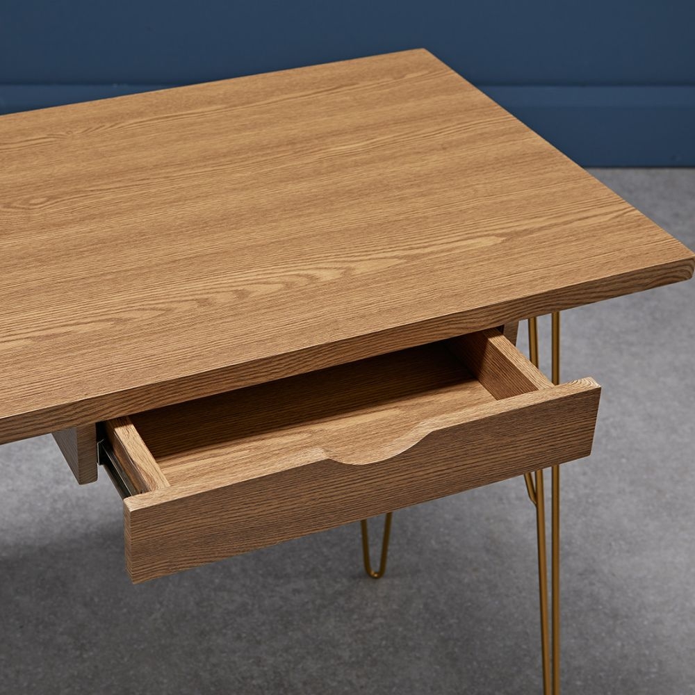 Product photograph of Fusion Oak Effect Desk With Gold Hairpin Legs from Choice Furniture Superstore.