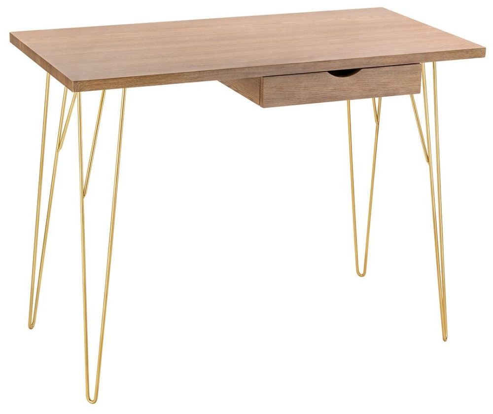 Product photograph of Fusion Oak Effect Desk With Gold Hairpin Legs from Choice Furniture Superstore.