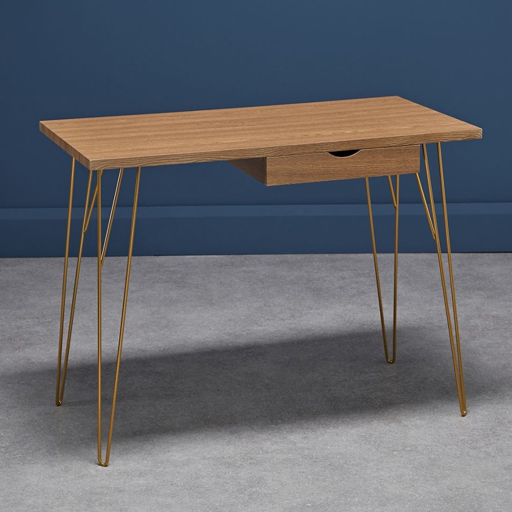 Product photograph of Fusion Oak Effect Desk With Gold Hairpin Legs from Choice Furniture Superstore.
