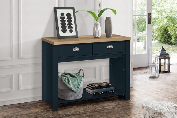 Product photograph of Highgate Blue And Oak Effect Console Table - 2 Drawers from Choice Furniture Superstore.