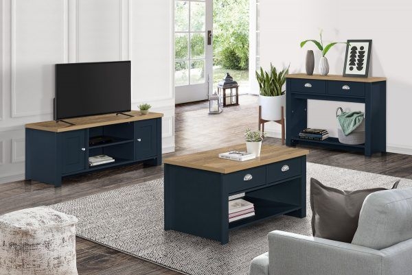Product photograph of Highgate Blue And Oak Effect Console Table - 2 Drawers from Choice Furniture Superstore.