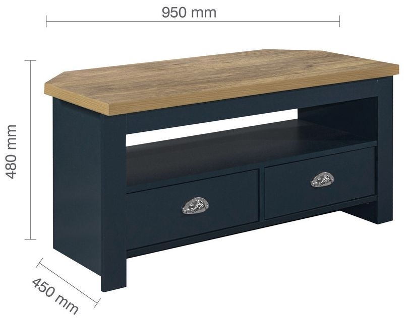 Product photograph of Highgate Blue And Oak Effect Corner Tv Unit - 2 Drawers from Choice Furniture Superstore.