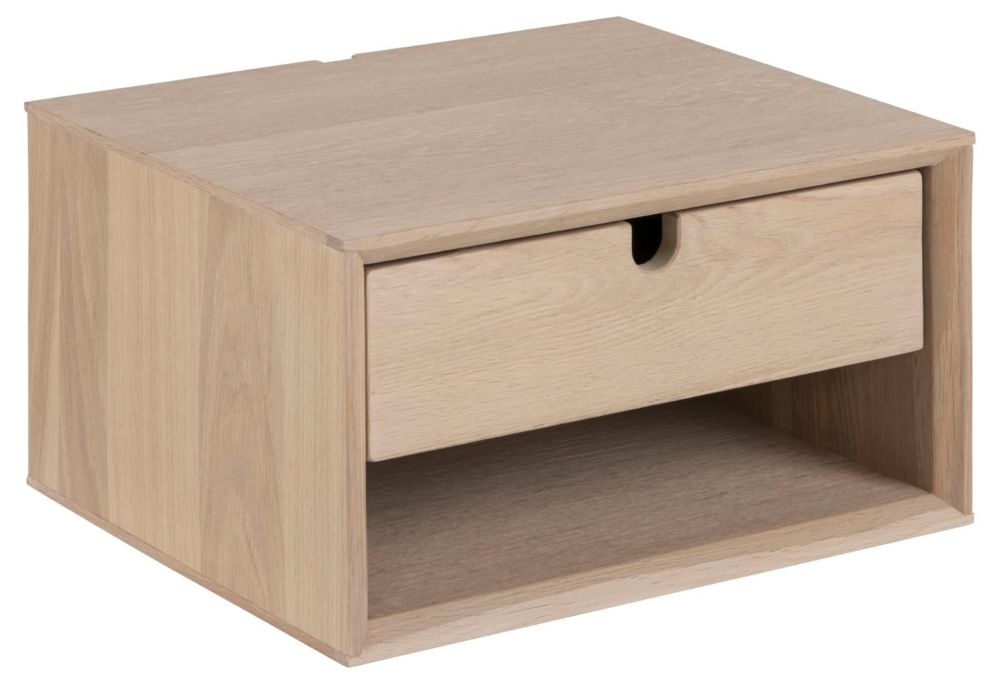 Product photograph of Clancy Oak 1 Drawer Wall Bedside Cabinet from Choice Furniture Superstore.