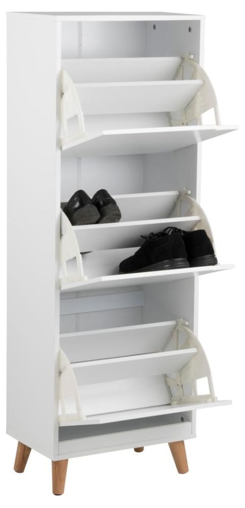 Product photograph of Mesilla White 3 Door Shoe Cabinet With Oak Legs from Choice Furniture Superstore.