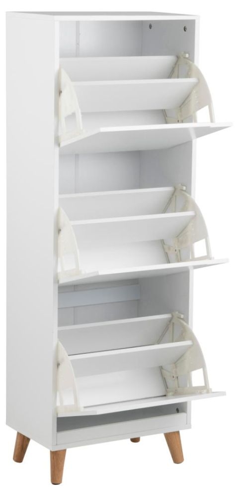 Product photograph of Mesilla White 3 Door Shoe Cabinet With Oak Legs from Choice Furniture Superstore.