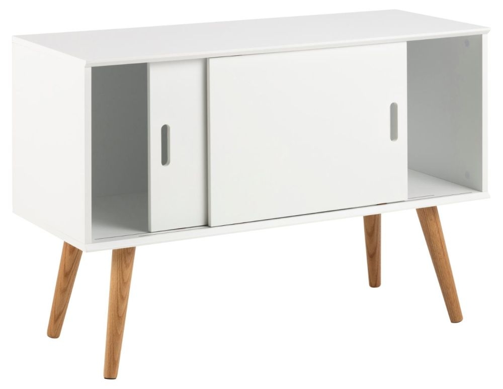 Product photograph of Mesilla White 2 Sliding Door Wide Sideboard With Oak Legs from Choice Furniture Superstore.