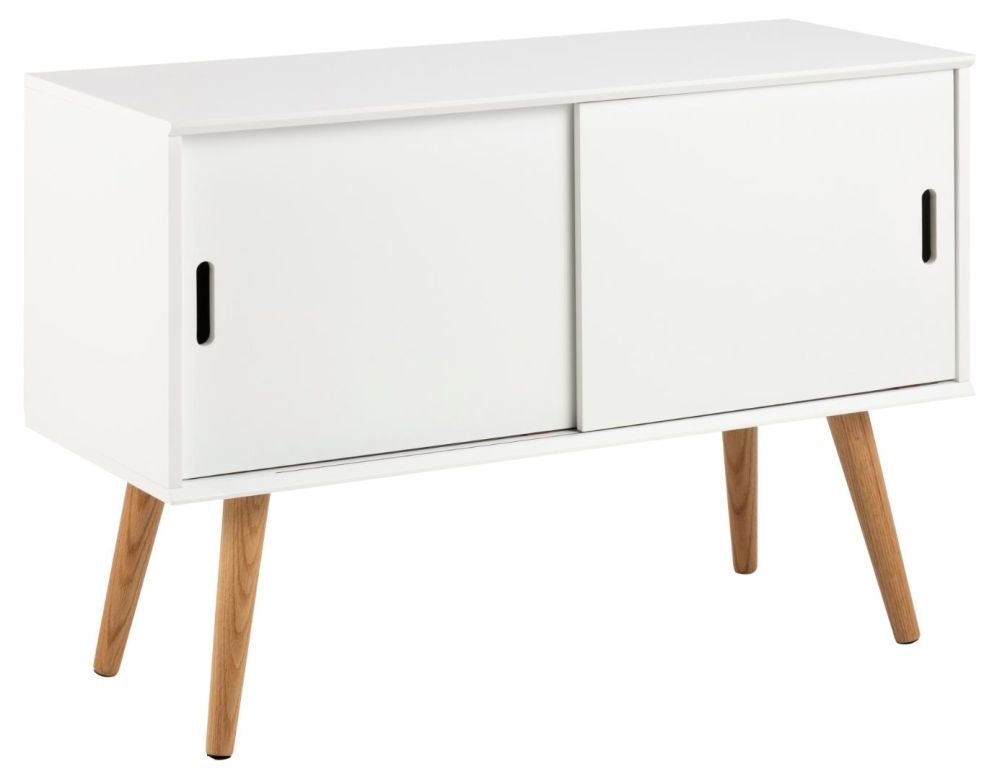 Product photograph of Mesilla White 2 Sliding Door Wide Sideboard With Oak Legs from Choice Furniture Superstore.
