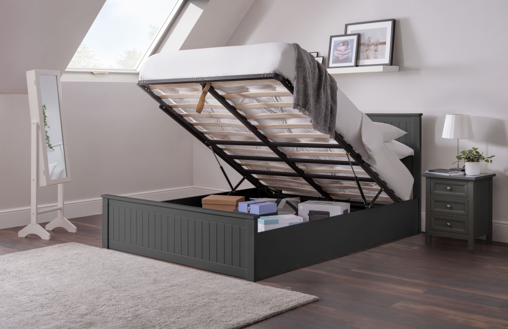 Maine Anthracite Lacquered Pine Ottoman Storage Bed - Comes in Double and King Size Options