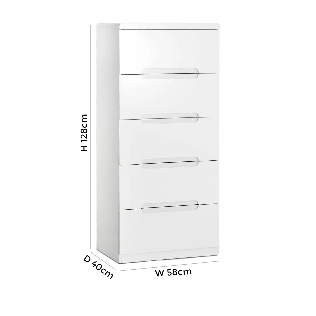 Product photograph of Manhattan White High Gloss Narrow 5 Drawer Chest from Choice Furniture Superstore.