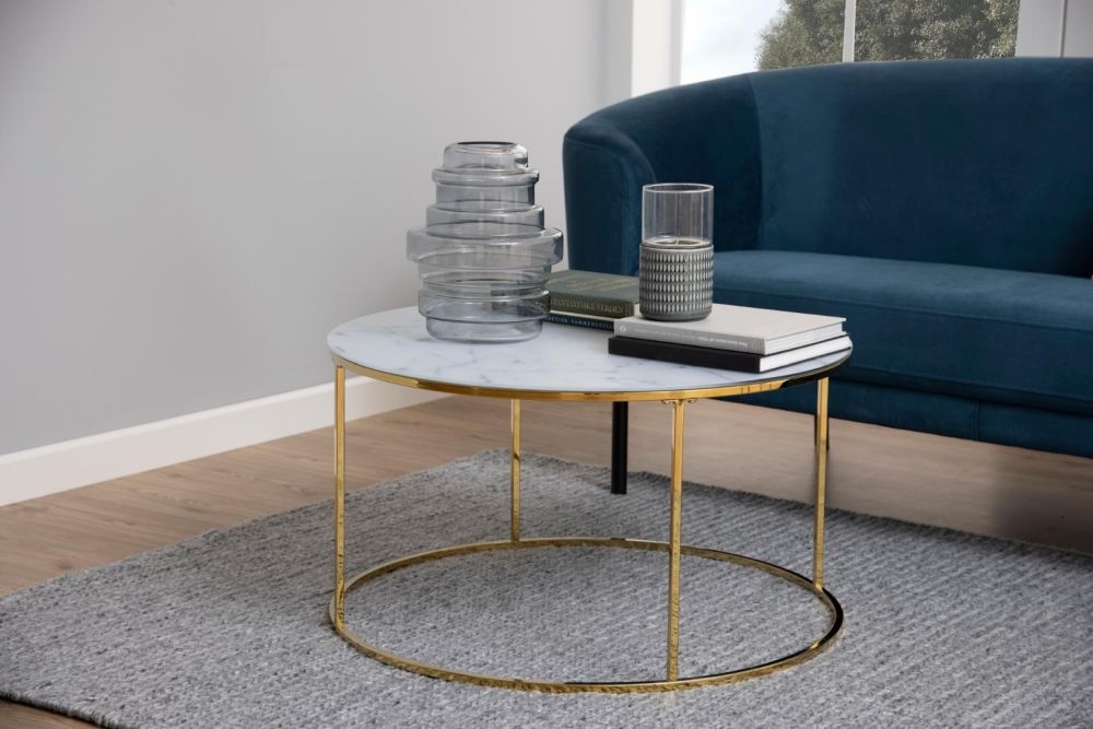 Product photograph of Benton White Crystal Clear Marble Effect Top And Gold Round Coffee Table from Choice Furniture Superstore.