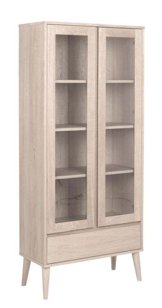 Product photograph of Nibley White Pigmented Oak Veneer 2 Door 1 Drawer Display Cabinet from Choice Furniture Superstore.