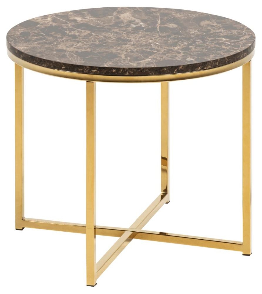 Product photograph of Apison Gold And Brown Marble Effect Round Side Table from Choice Furniture Superstore.