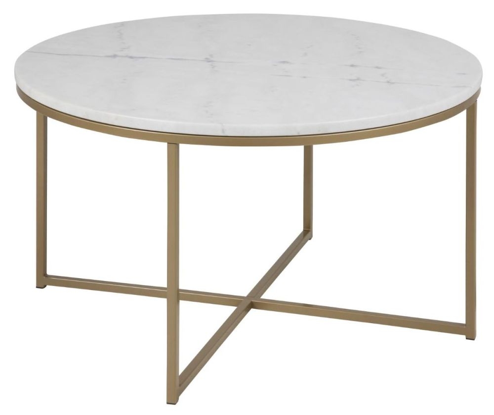 Product photograph of Apison White Guangxi Marble Effect Top And Gold Round Coffee Table from Choice Furniture Superstore.