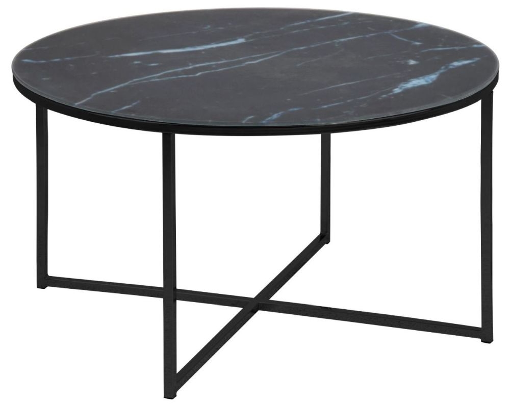 Product photograph of Apison Black Marquina Marble Effect Top Round Coffee Table from Choice Furniture Superstore.