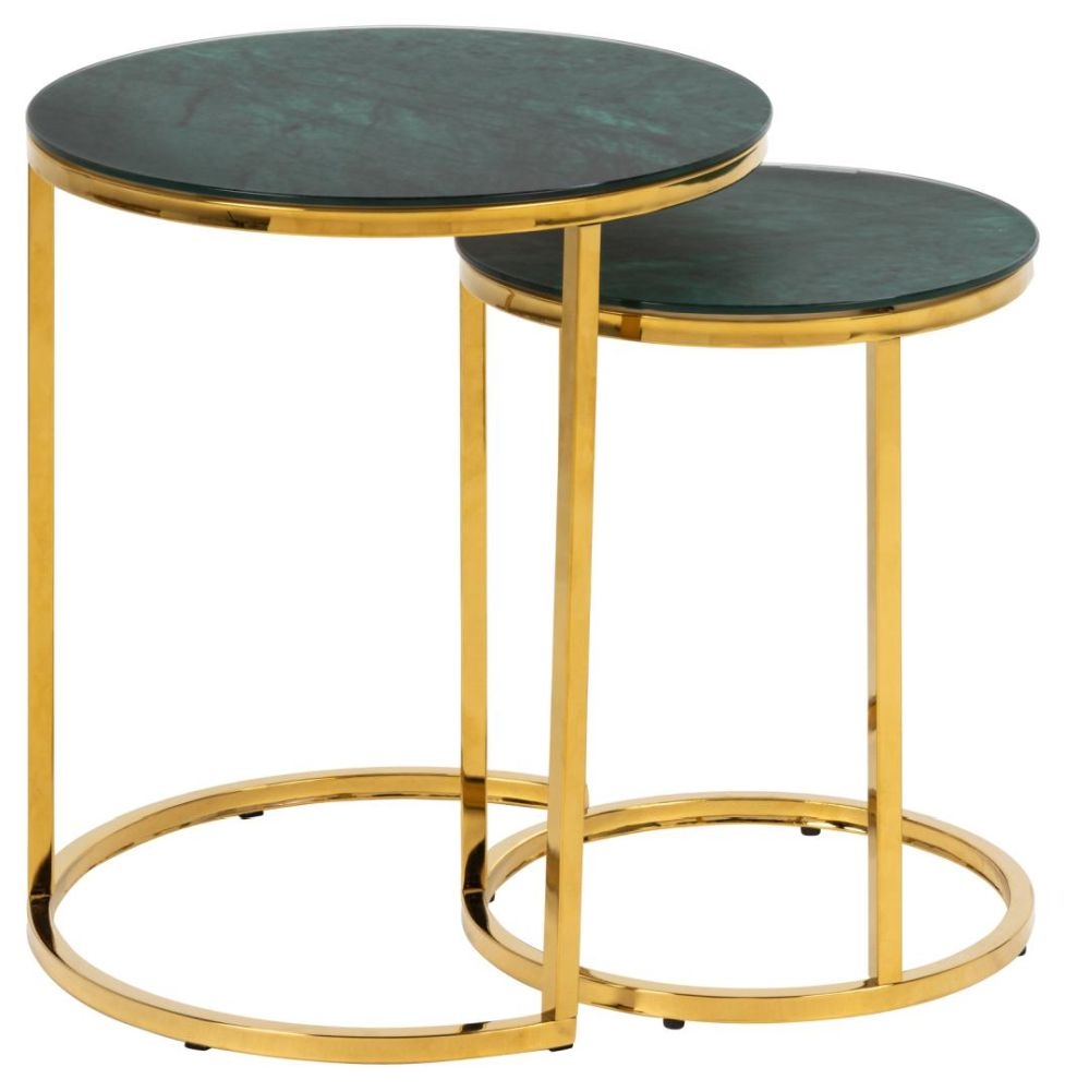 Product photograph of Apison Green Juniper Marble Effect Top And Gold Round Nest Of 2 Tables from Choice Furniture Superstore.