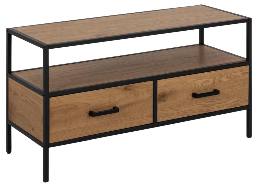 Product photograph of Salvo Oak And Black Metal 2 Drawer Tv Unit - Comes In Wild Oak And Black Options from Choice Furniture Superstore.