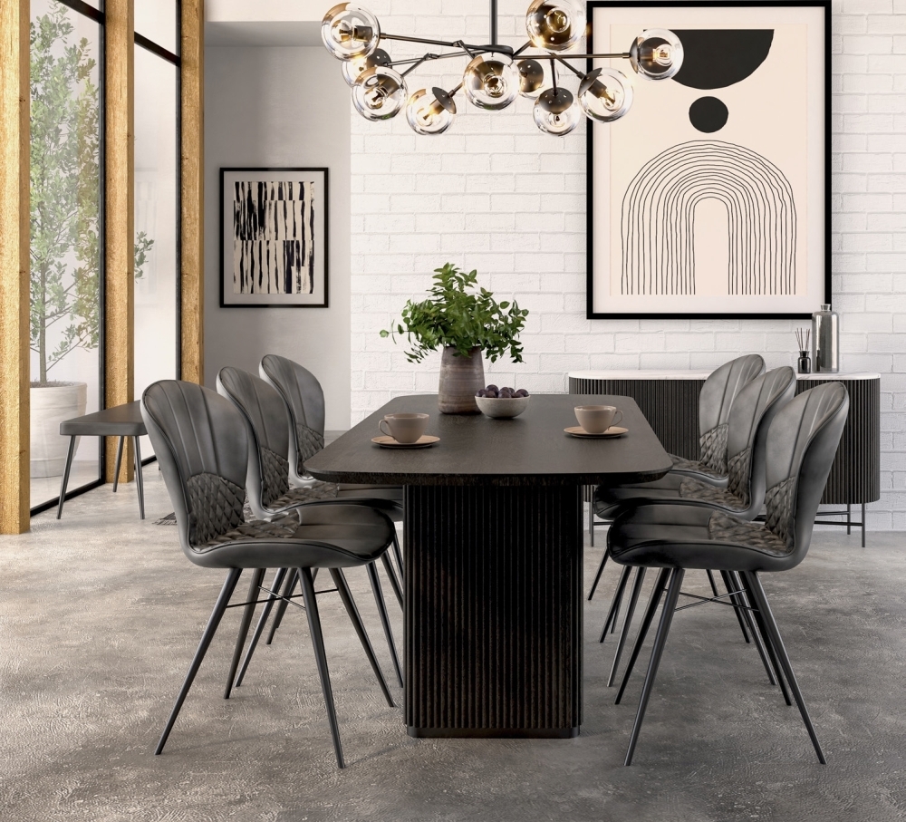 Piano Black Fluted Wood Double Pedestal Curved Dining Table, 200cm Dia Seats 8 Diners, Made of Mango Wood Ribbed Base