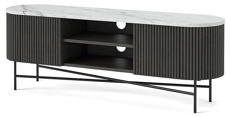 Product photograph of Lucas Black 150cm Fluted Curved Tv Unit With White Marble Top from Choice Furniture Superstore.