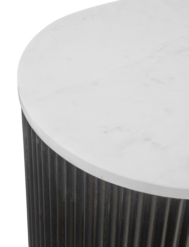 Product photograph of Piano Black Fluted Wood And Marble Top Round Side Table With 1 Door Made Of Mango Wood Ribbed Drum Base And White Marble Top from Choice Furniture Superstore.