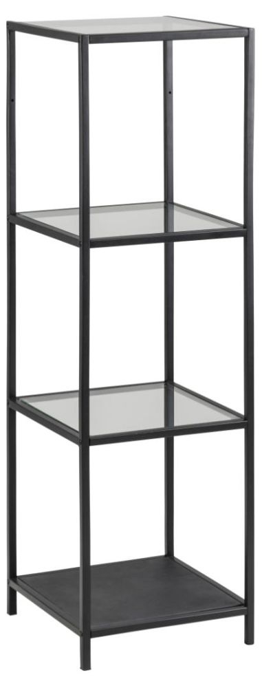 Product photograph of Salvo Clear Glass And Black Narrow Open Shelving Unit from Choice Furniture Superstore.