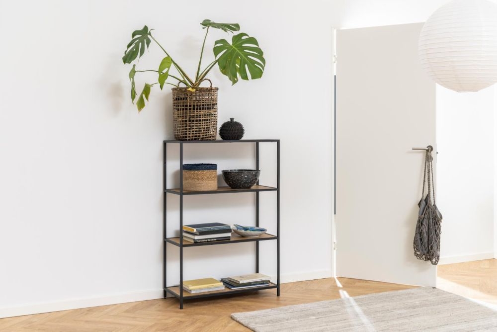 Product photograph of Salvo Oak And Black Short Open Shelving Unit from Choice Furniture Superstore.