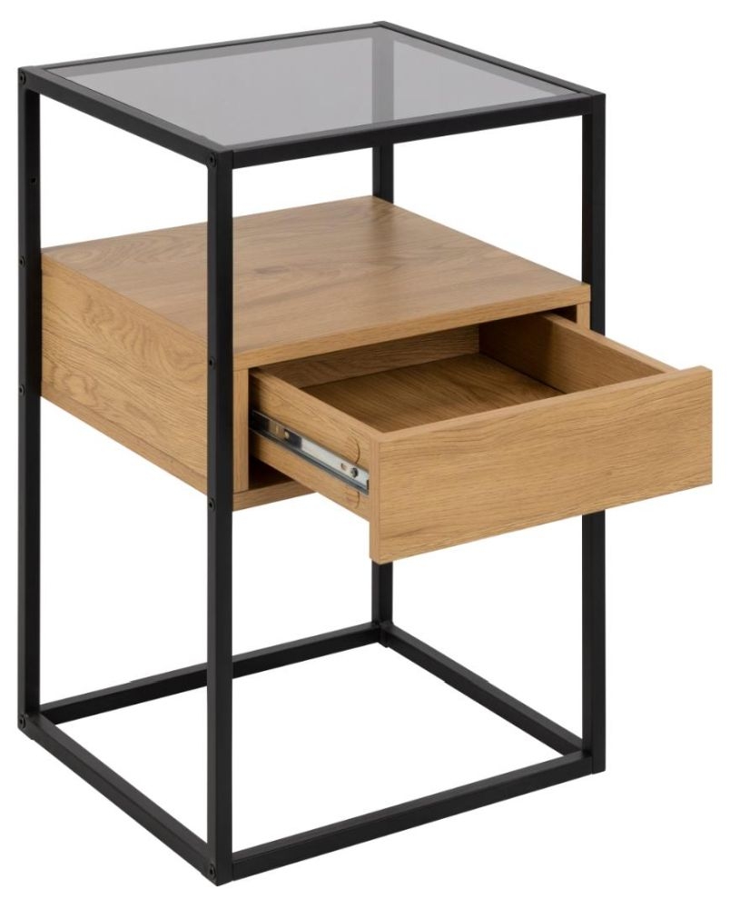 Product photograph of Raeville Oak And Black 1 Drawer Bedside Table from Choice Furniture Superstore.