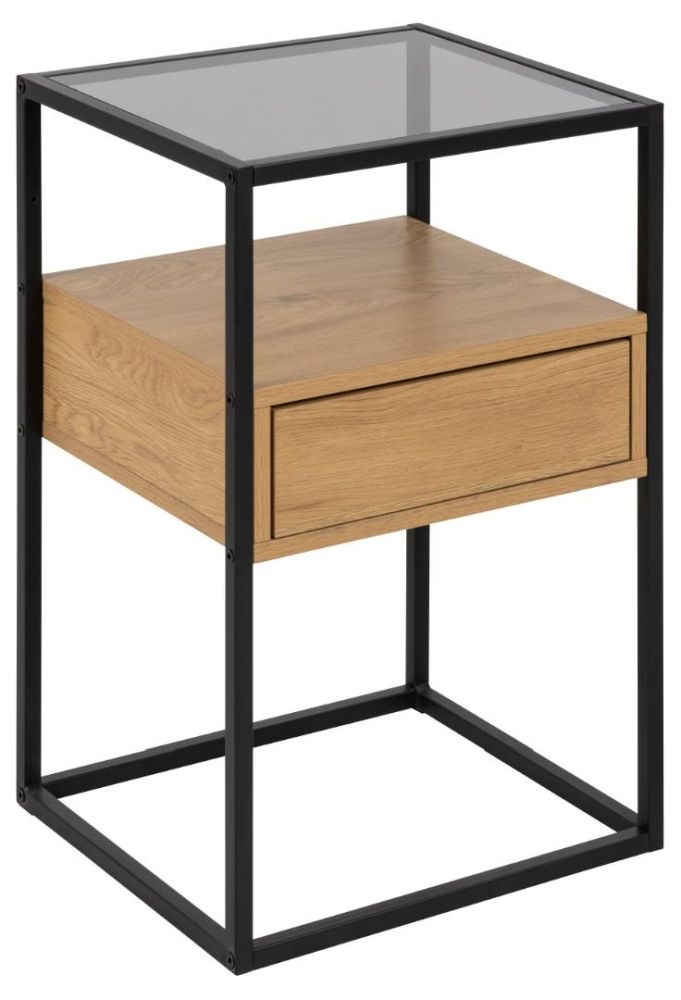 Product photograph of Raeville Oak And Black 1 Drawer Bedside Table from Choice Furniture Superstore.