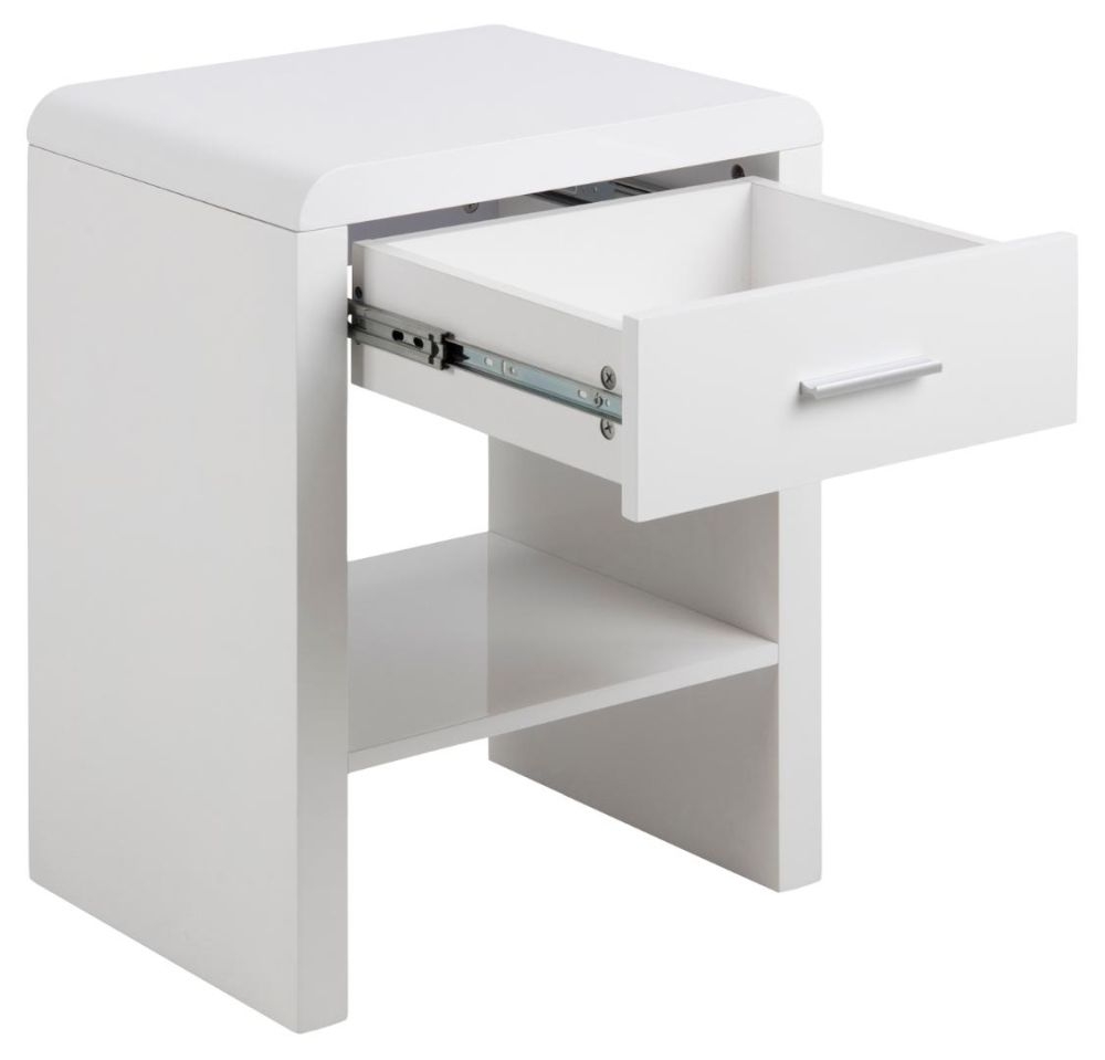 Product photograph of Selden High Gloss White 1 Drawer Bedside Table from Choice Furniture Superstore.