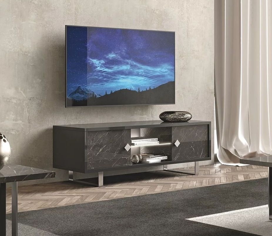 Product photograph of Carvelle Glossy Grey Marble Effect 2 Door Italian Tv Unit from Choice Furniture Superstore.