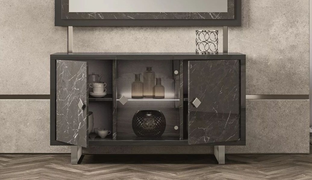 Product photograph of Carvelle Glossy Grey Marble Effect 3 Door Italian Sideboard With Led Light from Choice Furniture Superstore.