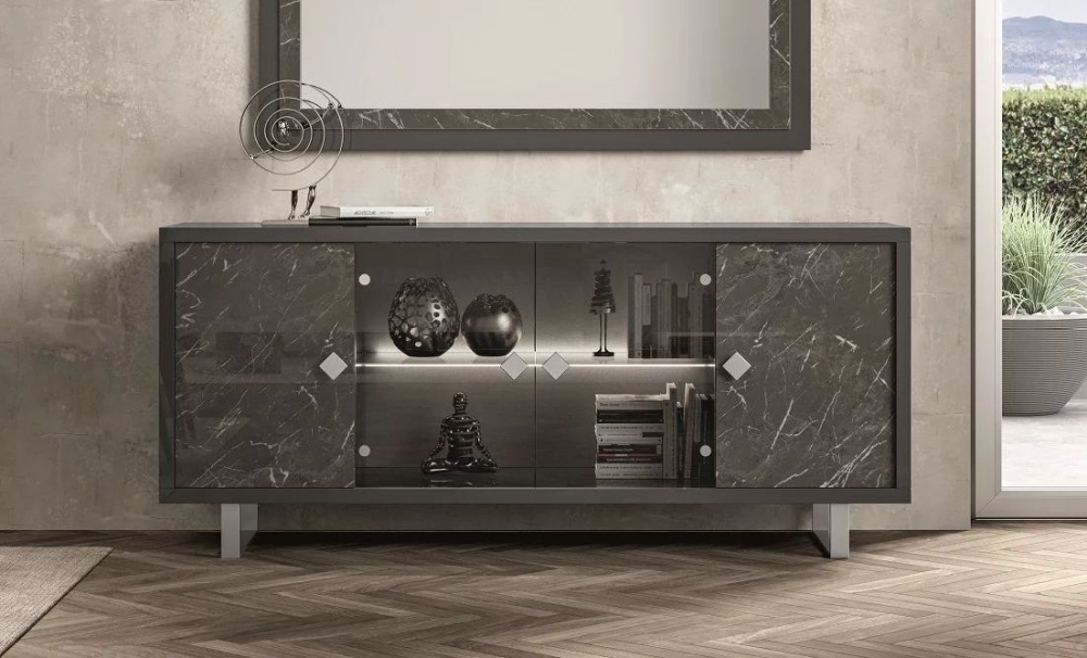 Product photograph of Carvelle Glossy Grey Marble Effect 4 Door Italian Sideboard With Led Light from Choice Furniture Superstore.