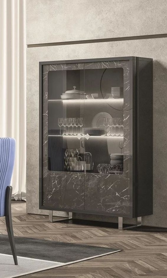Product photograph of Carvelle Glossy Grey Marble Effect 2 Door Italian Display Cabinet With Led Light from Choice Furniture Superstore.