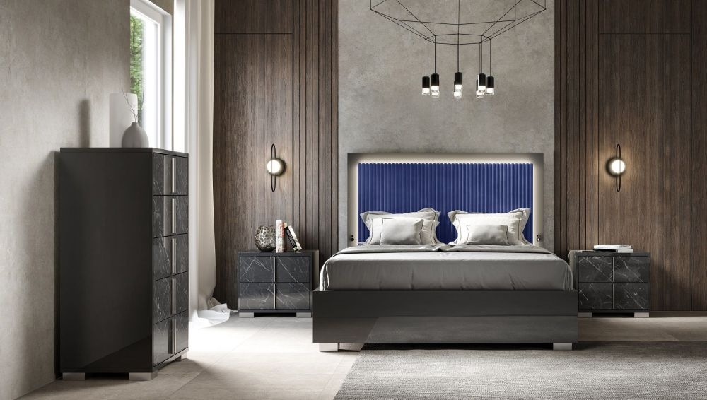 Product photograph of Carvelle Night Italian Blue Fabric Headboard Bed - Sizes Available from Choice Furniture Superstore.