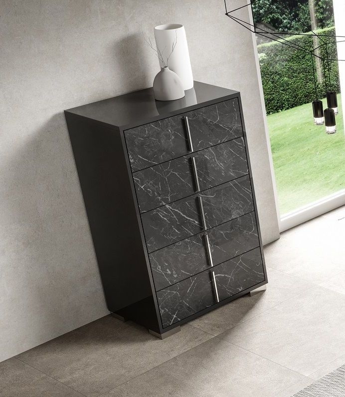 Product photograph of Carvelle Night Glossy Grey Marble Effect 5 Drawer Italian Tallboy Chest from Choice Furniture Superstore.