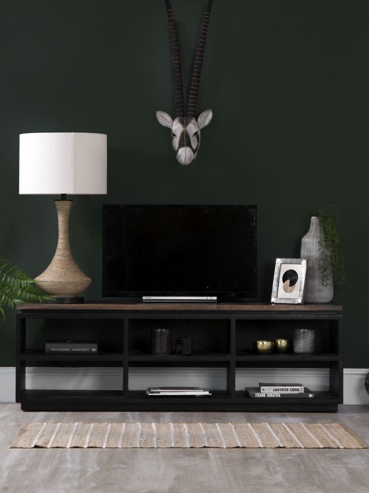 Gifford Herringbone Teak Wood Top TV Unit with Dark Wood Base CFS