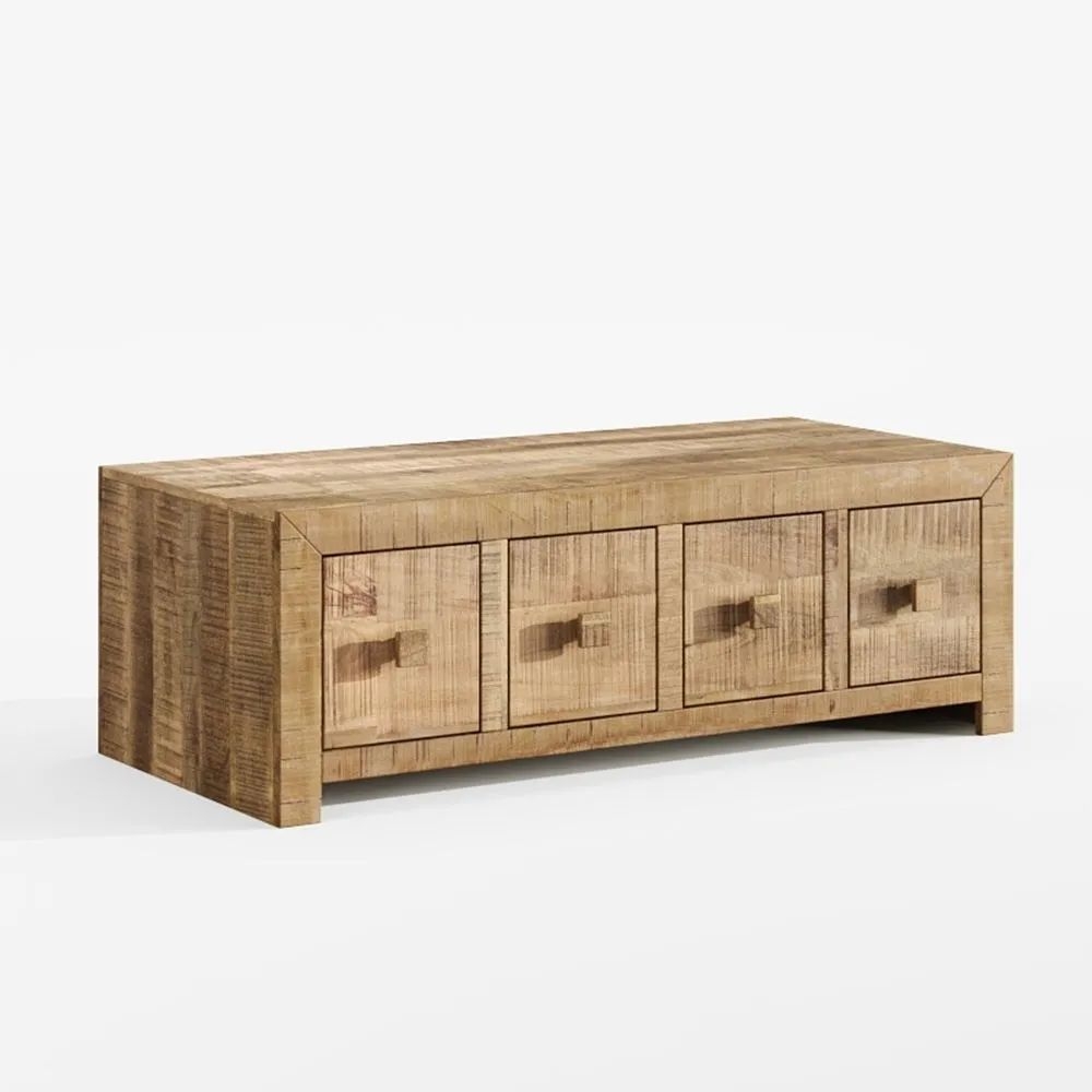 Product photograph of Dakota Mango Wood Storage Coffee Table Indian Light Natural Rustic Finish - 8 Drawers from Choice Furniture Superstore.