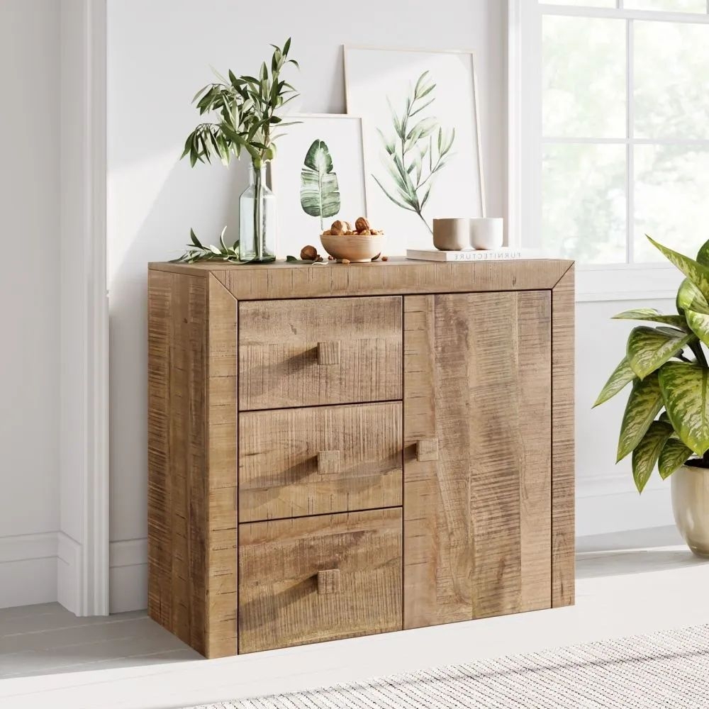 Product photograph of Dakota Mango Wood Sideboard Indian Light Natural Rustic Finish 85cm Small Cabinet - 1 Door With 3 Drawers from Choice Furniture Superstore.