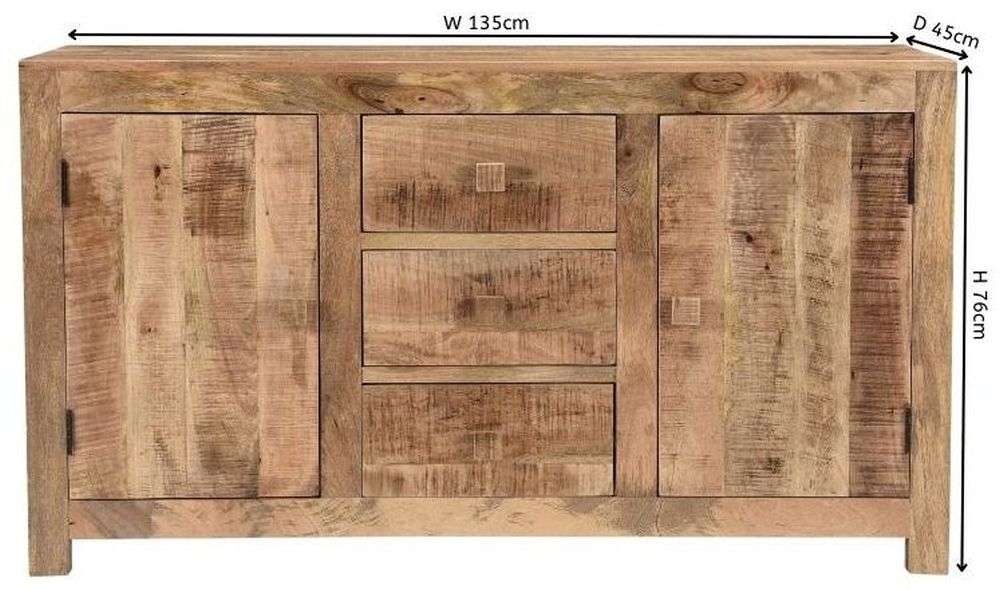 Dakota Mango Wood Sideboard, Indian Light Natural Rustic Finish, 135cm