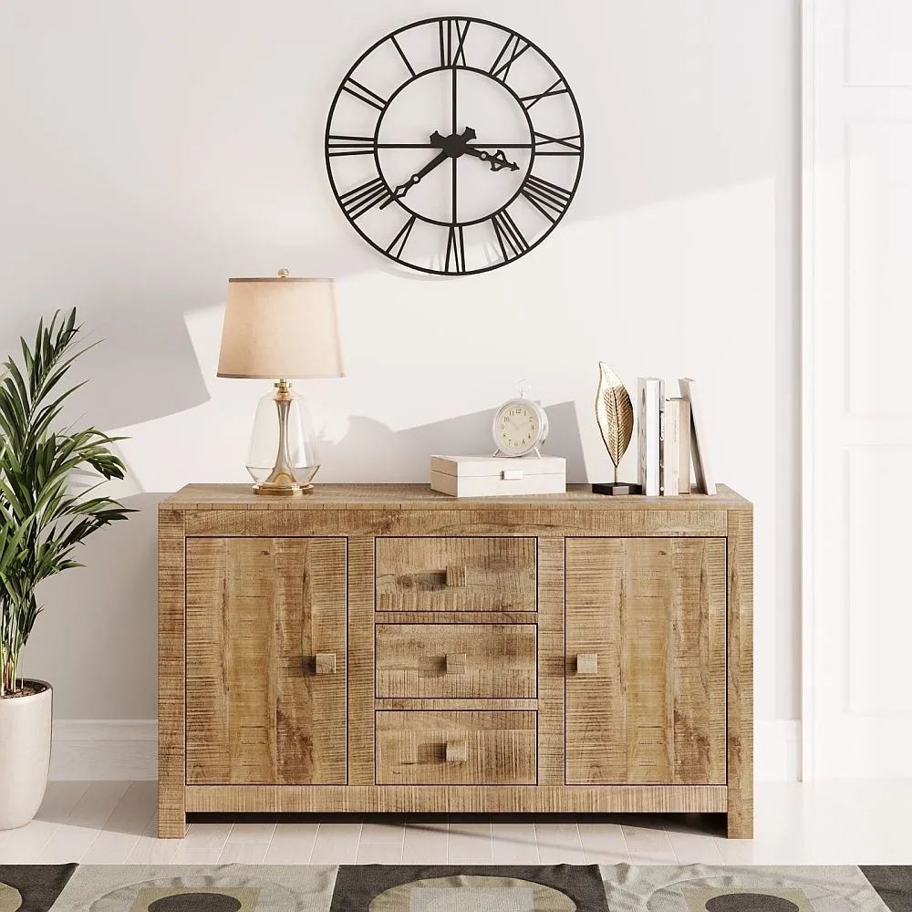 Product photograph of Dakota Mango Wood Sideboard Indian Light Natural Rustic Finish 135cm Medium Cabinet - 2 Door With 3 Drawers from Choice Furniture Superstore.