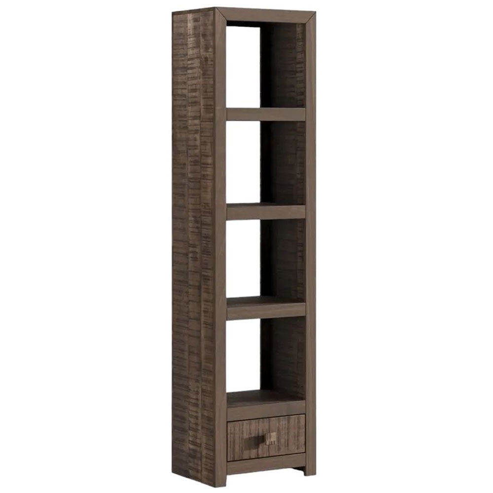 Product photograph of Clearance - Dakota Mango Wood Narrow Bookshelf Indian Dark Walnut Rustic Finish 1 Drawer Bottom Storage Shelving Unit - Open Display Unit from Choice Furniture Superstore.