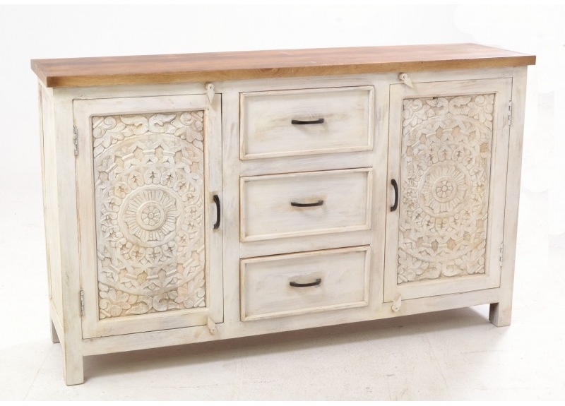 Product photograph of Ancient Mariner Carved Distressed Off White Mango Wood 2 Door Sideboard from Choice Furniture Superstore.