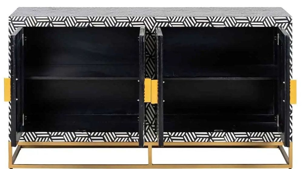 Product photograph of Bliss Bone Inlay 4 Door Sideboard With Brass Metal Base from Choice Furniture Superstore.