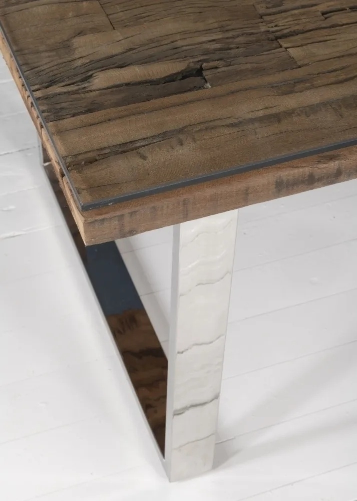 Product photograph of Railway Sleeper Dining Table With Glass Top 160cm Rectangular Seats 6 Diners With Stainless Steel Chrome U Legs Made From Reclaimed Wood from Choice Furniture Superstore.