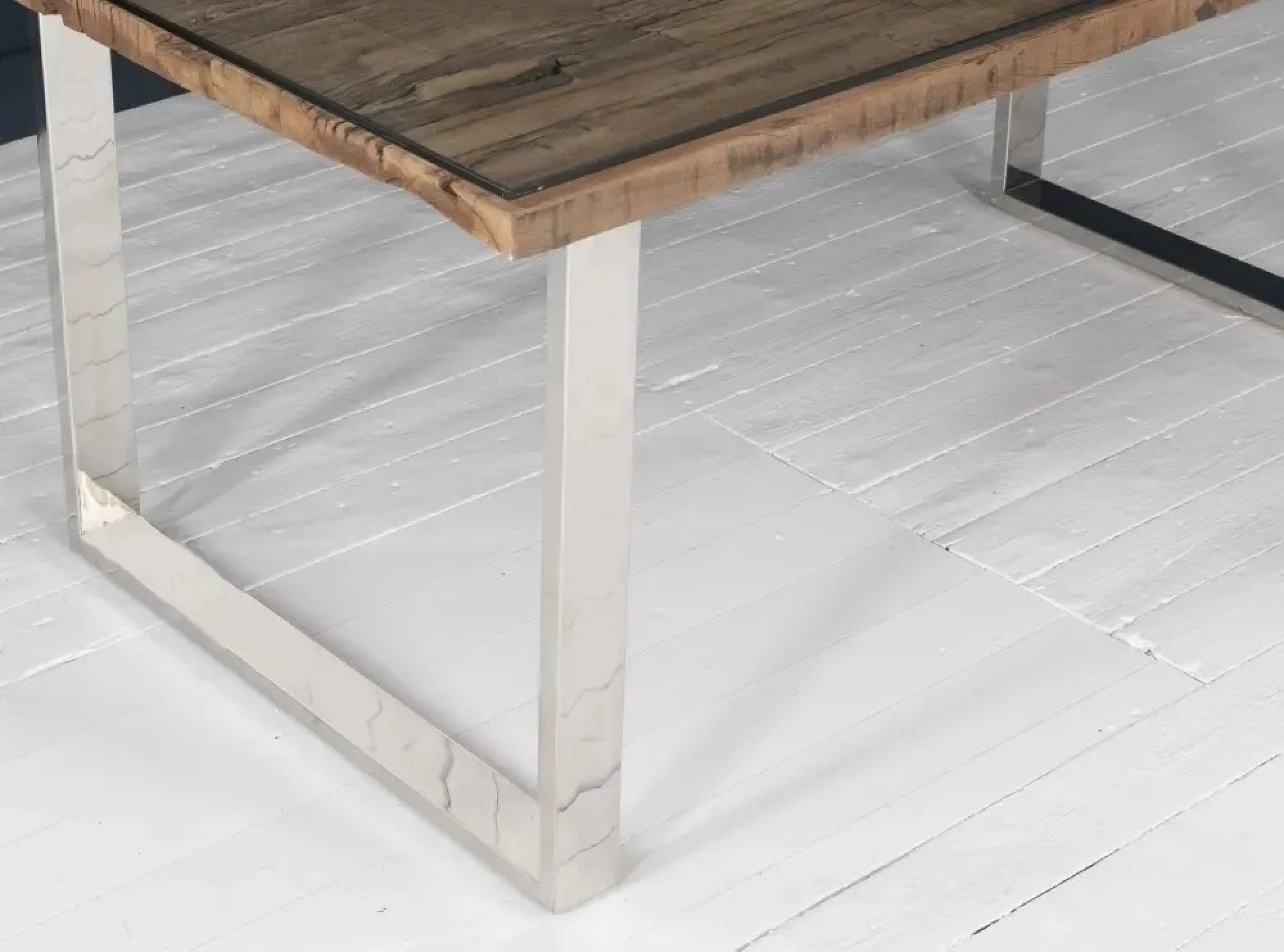 Product photograph of Clearance - Railway Sleeper Dining Table With Glass Top 160cm Rectangular Seats 6 Diners With Stainless Steel Chrome U Legs Made From Reclaimed Wood from Choice Furniture Superstore.