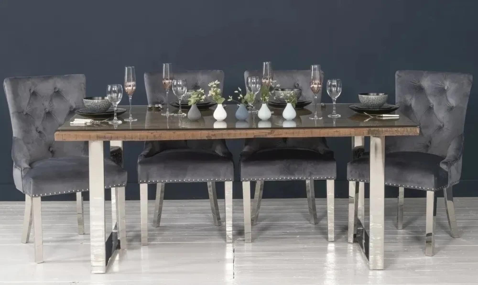 Product photograph of Clearance - Railway Sleeper Dining Table With Glass Top 160cm Rectangular Seats 6 Diners With Stainless Steel Chrome U Legs Made From Reclaimed Wood from Choice Furniture Superstore.