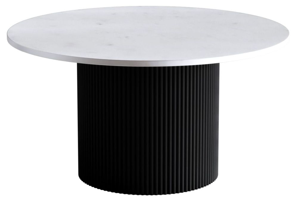 Product photograph of Carra Marble Dining Table White 140cm Seats 4 To 6 Diners Round Top With Black Fluted Ribbed Drum Base from Choice Furniture Superstore.