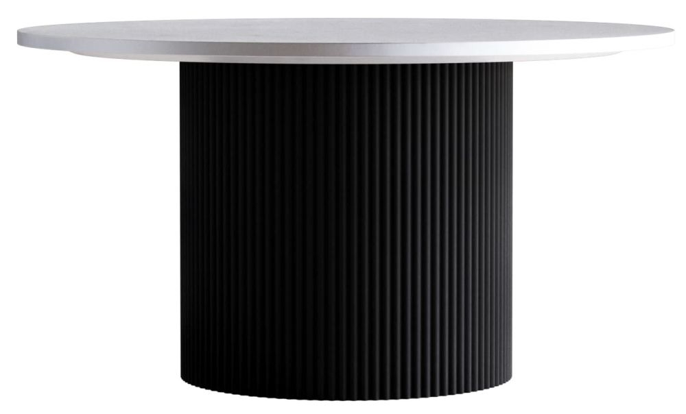 Product photograph of Carra Marble Dining Table White 140cm Seats 4 To 6 Diners Round Top With Black Fluted Ribbed Drum Base from Choice Furniture Superstore.